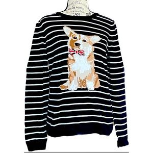 Talbots light cotton sweater, navy /white with British corgi face on front.